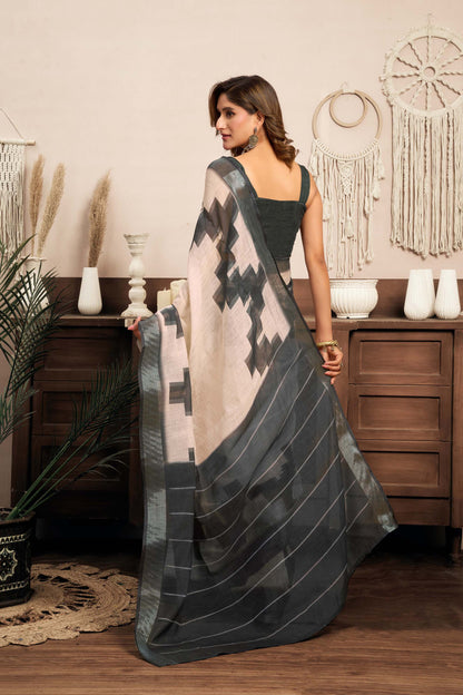 Ready-to-Wear Saree – Cream Linen with Pocket | Anarkalion