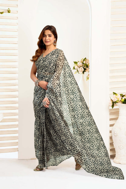 Ready-to-Wear Saree – Grey Linen with Pocket | Anarkalion