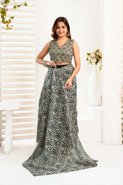 Ready-to-Wear Saree – Grey Linen with Pocket | Anarkalion