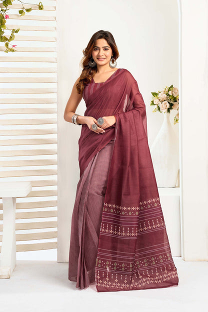 Ready-to-Wear Saree – Maroon  Linen with Pocket | Anarkalion