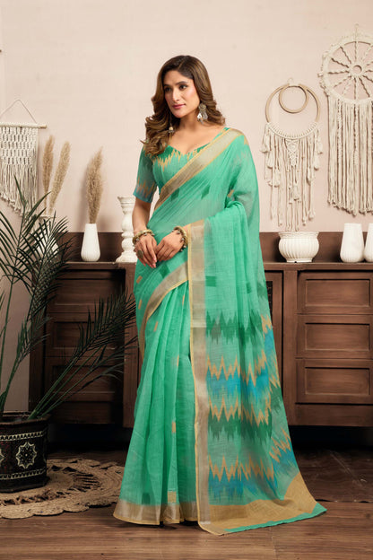 Ready-to-Wear Saree – Mint Green Linen with Pocket | Anarkalion