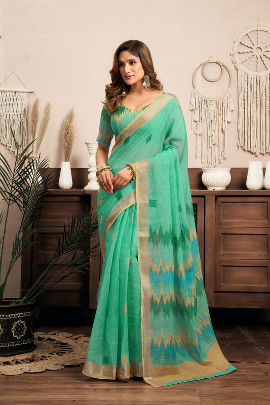 Ready-to-Wear Saree – Mint Green Linen with Pocket | Anarkalion
