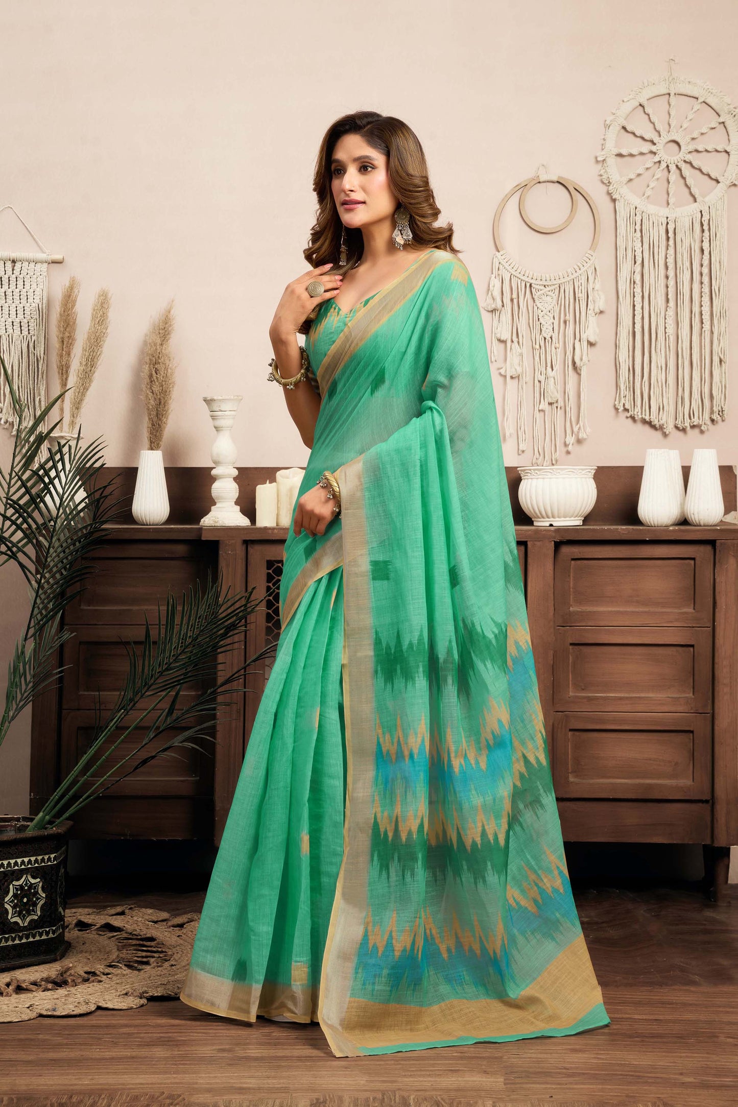 Ready-to-Wear Saree – Mint Green Linen with Pocket | Anarkalion