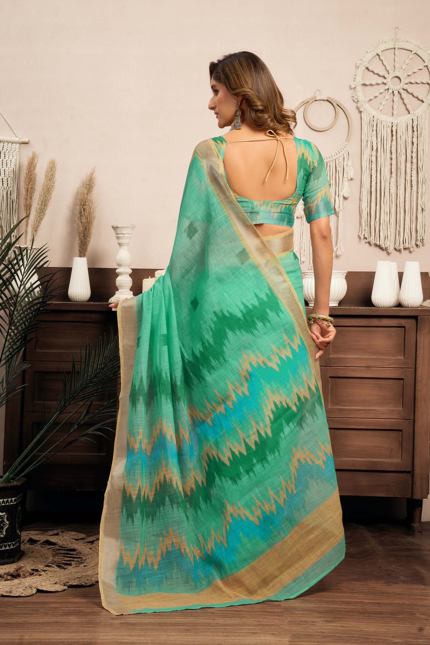 Ready-to-Wear Saree – Mint Green Linen with Pocket | Anarkalion