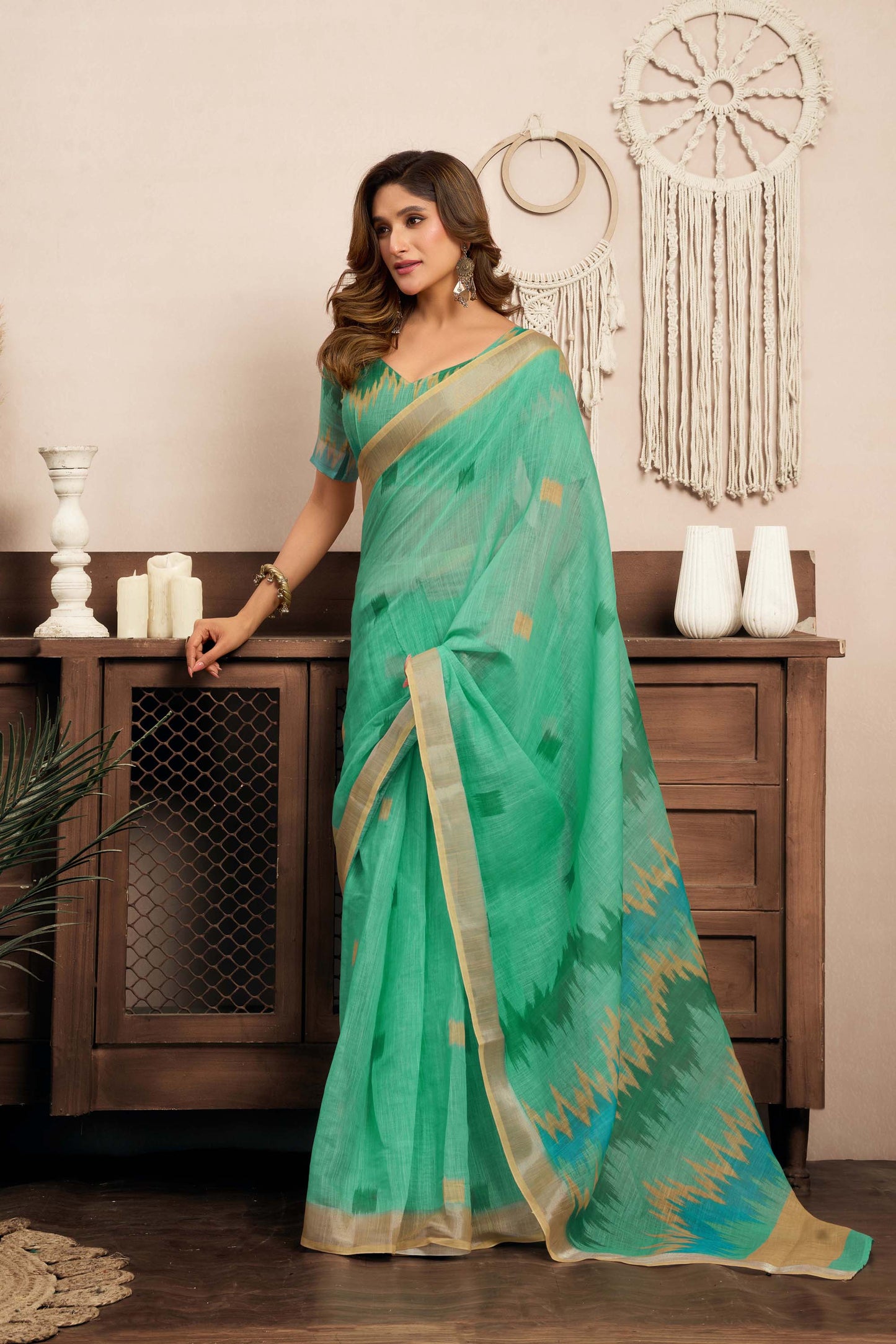 Ready-to-Wear Saree – Mint Green Linen with Pocket | Anarkalion