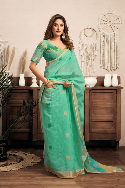 Ready-to-Wear Saree – Mint Green Linen with Pocket | Anarkalion