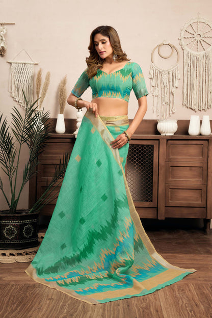 Ready-to-Wear Saree – Mint Green Linen with Pocket | Anarkalion