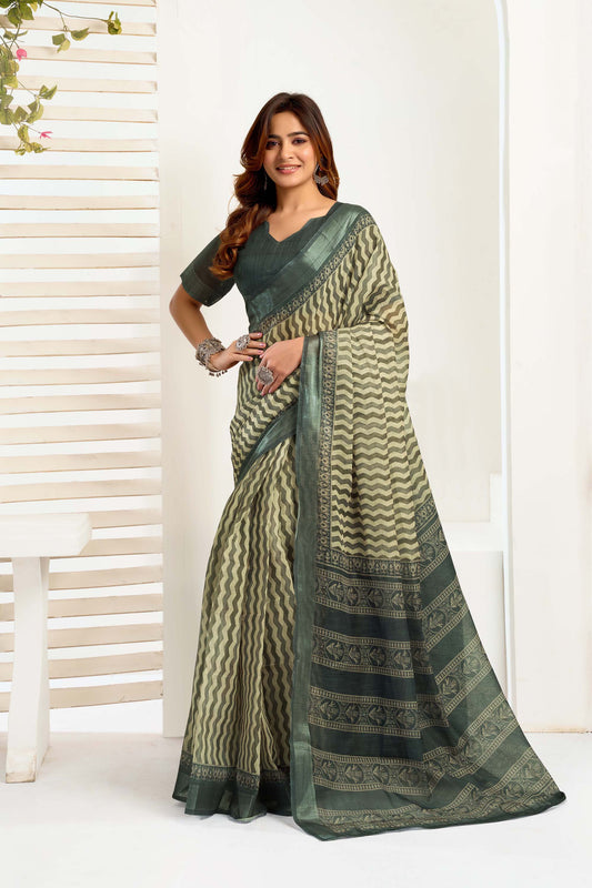 Ready-to-Wear Saree – Olive Linen with Pocket | Anarkalion