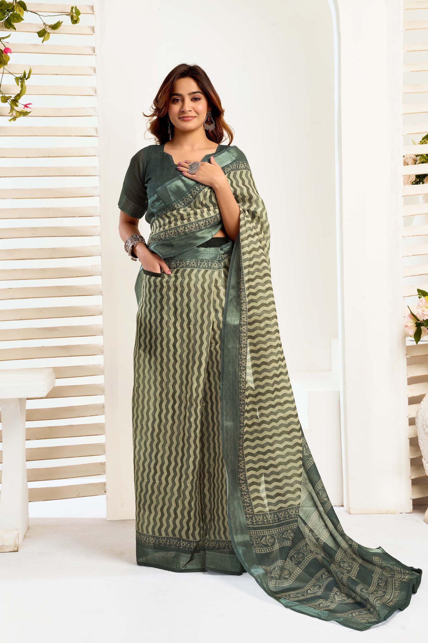 Ready-to-Wear Saree – Olive Linen with Pocket | Anarkalion