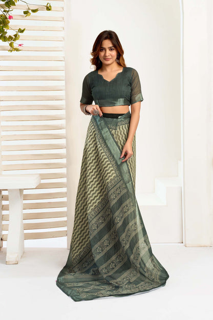 Ready-to-Wear Saree – Olive Linen with Pocket | Anarkalion
