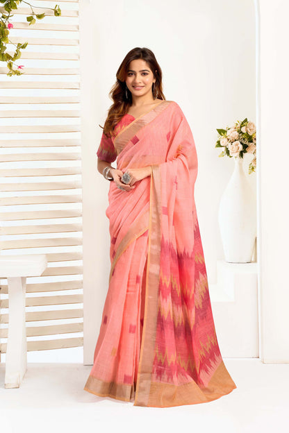 Ready-to-Wear Saree – Peach Linen with Pocket | Anarkalion