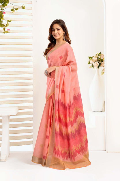 Ready-to-Wear Saree – Peach Linen with Pocket | Anarkalion