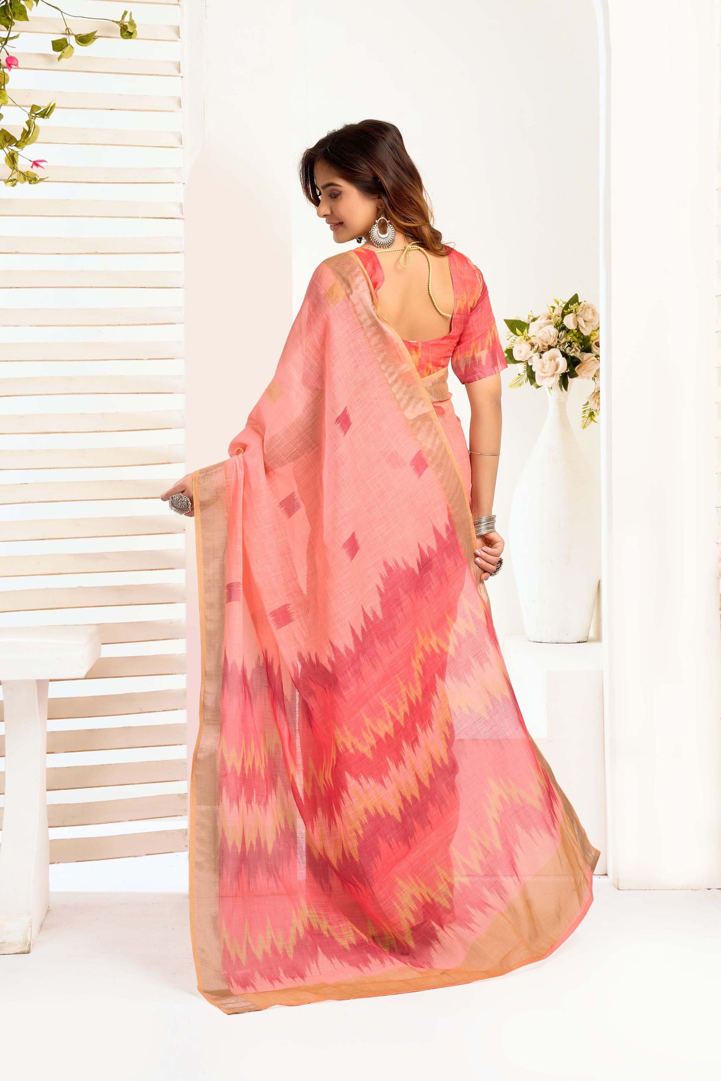 Ready-to-Wear Saree – Peach Linen with Pocket | Anarkalion