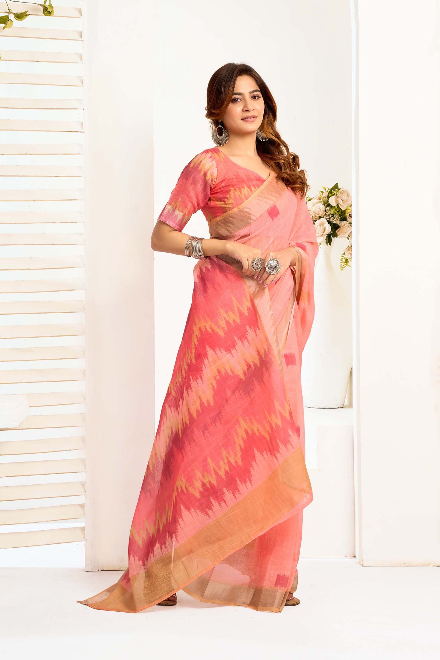 Ready-to-Wear Saree – Peach Linen with Pocket | Anarkalion