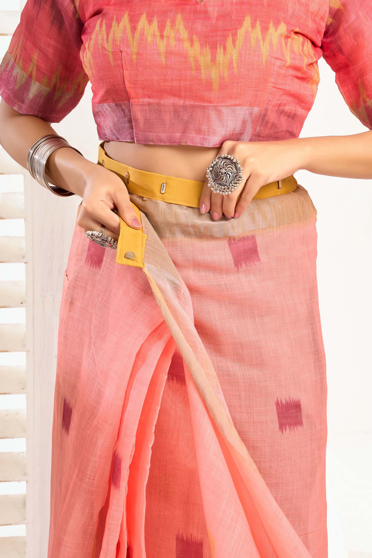Ready-to-Wear Saree – Peach Linen with Pocket | Anarkalion