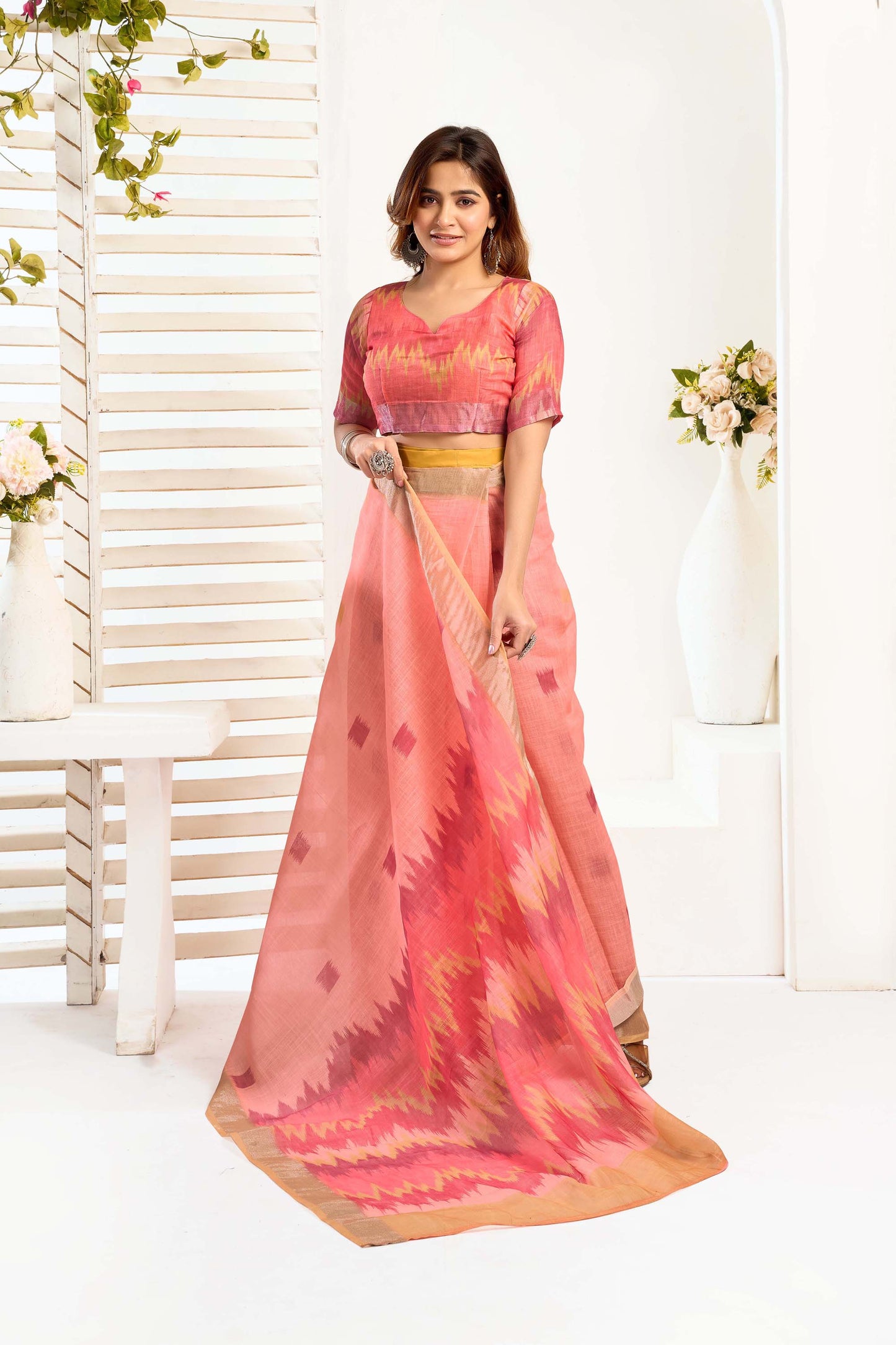 Ready-to-Wear Saree – Peach Linen with Pocket | Anarkalion