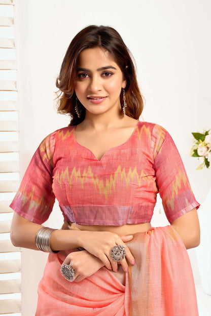 Ready-to-Wear Saree – Peach Linen with Pocket | Anarkalion