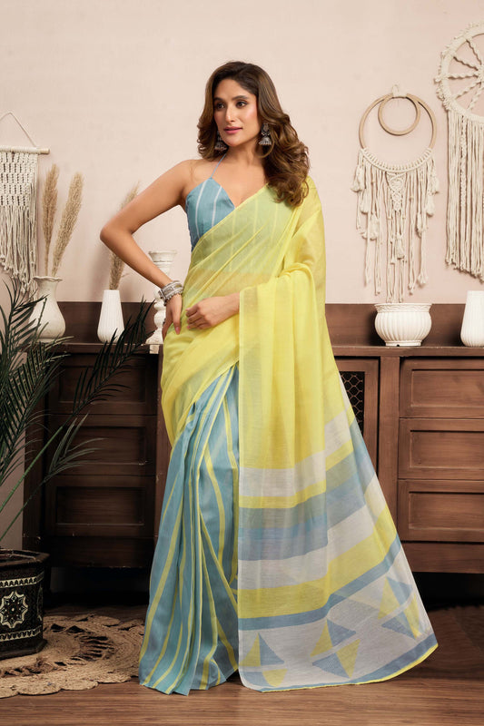 Ready-to-Wear Saree – Yellow Linen with Pocket | Anarkalion