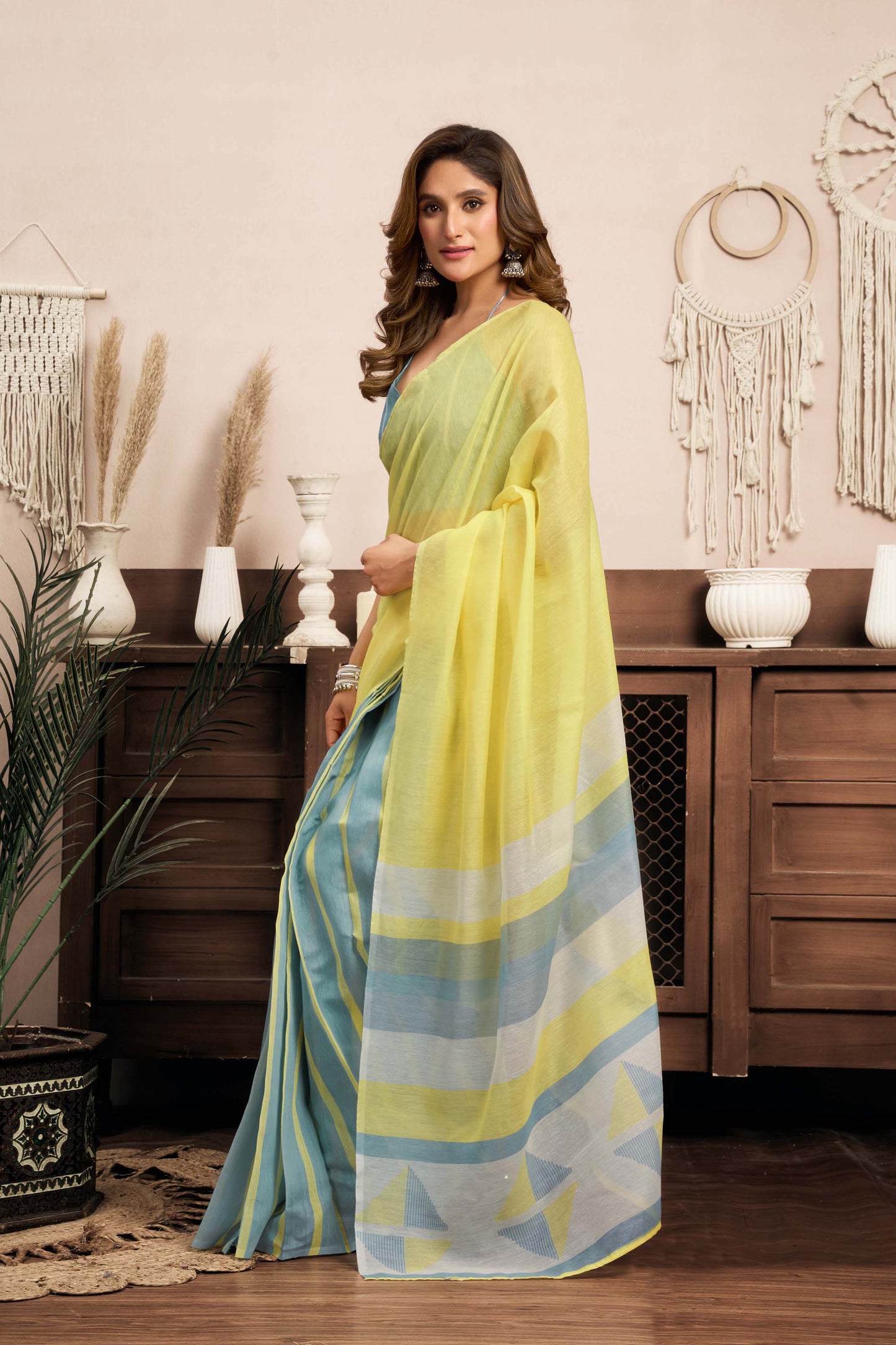 Ready-to-Wear Saree – Yellow Linen with Pocket | Anarkalion