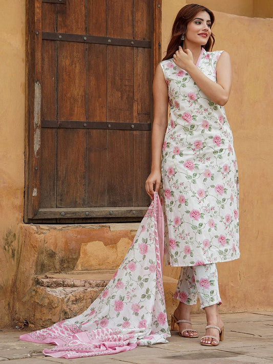 Pink Color Cotton Slub  Kurti Pant Set