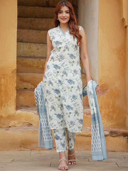 Rama Color Cotton Slub  Kurti Pant Set