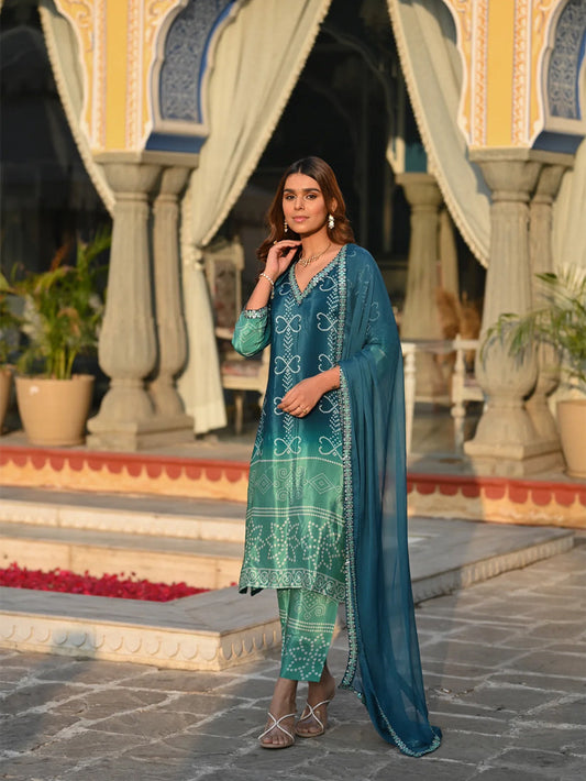 Rama Color Chinnon Silk Kurti Pant Set