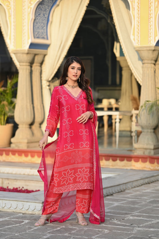 Red Color Chinnon Silk Kurti Pant Set