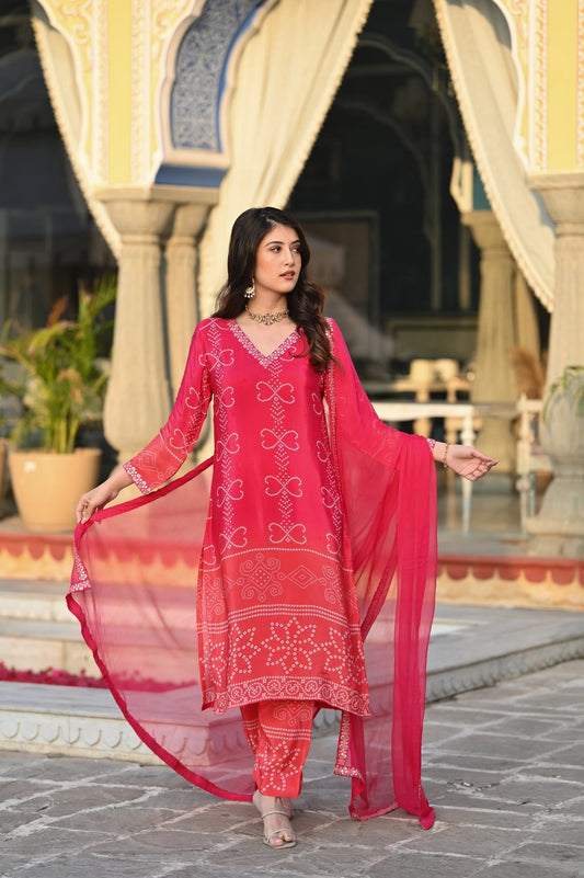 Red Color Chinnon Silk Kurti Pant Set