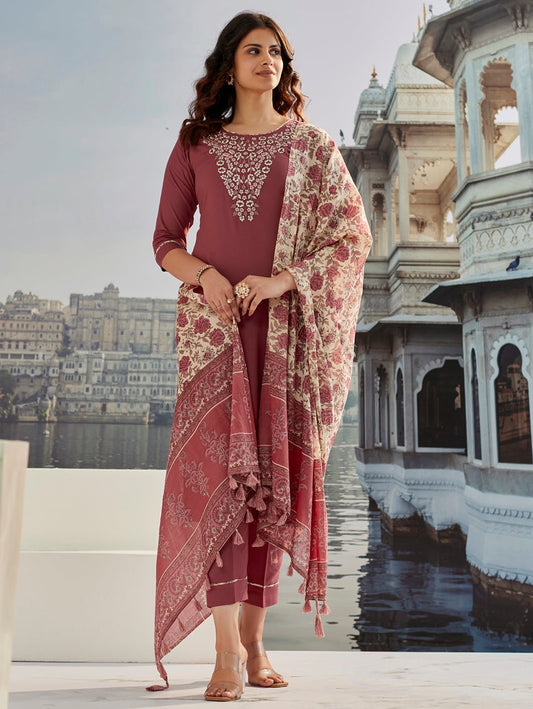 Brown Color Cotton Silk Kurti Pant Set