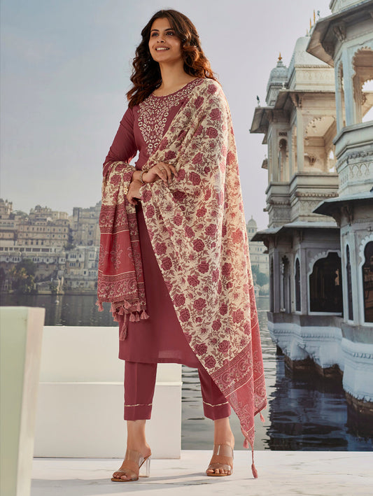 Brown Color Cotton Silk Kurti Pant Set