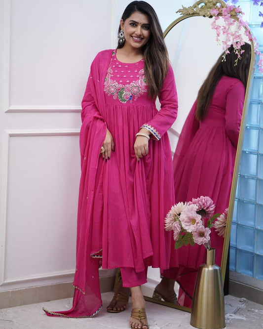 Pink Color BSY Chiffon Kurti Pant Set