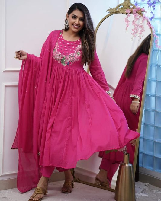 Pink Color BSY Chiffon Kurti Pant Set