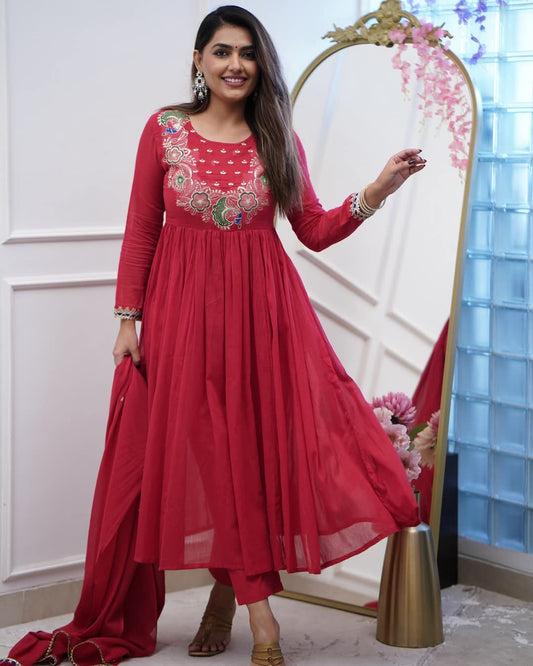 Red Color BSY Chiffon Kurti Pant Set
