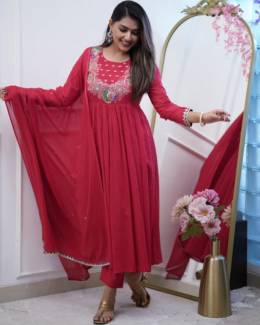 Red Color BSY Chiffon Kurti Pant Set