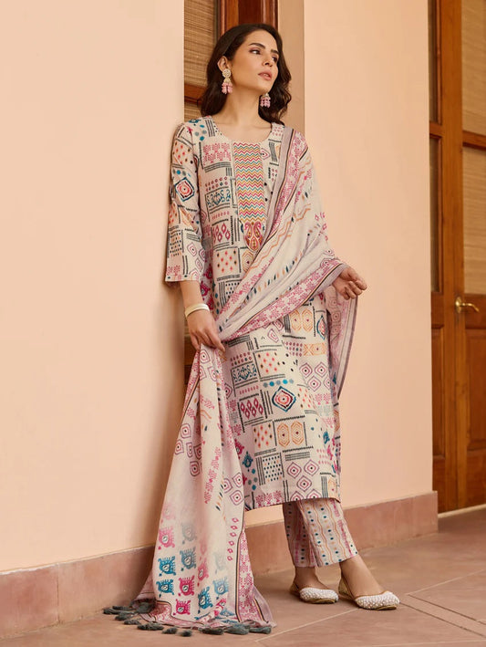 Beige Color Cotton Kurti Pant Set