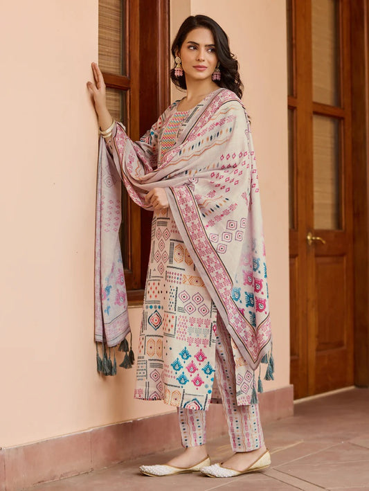 Beige Color Cotton Kurti Pant Set