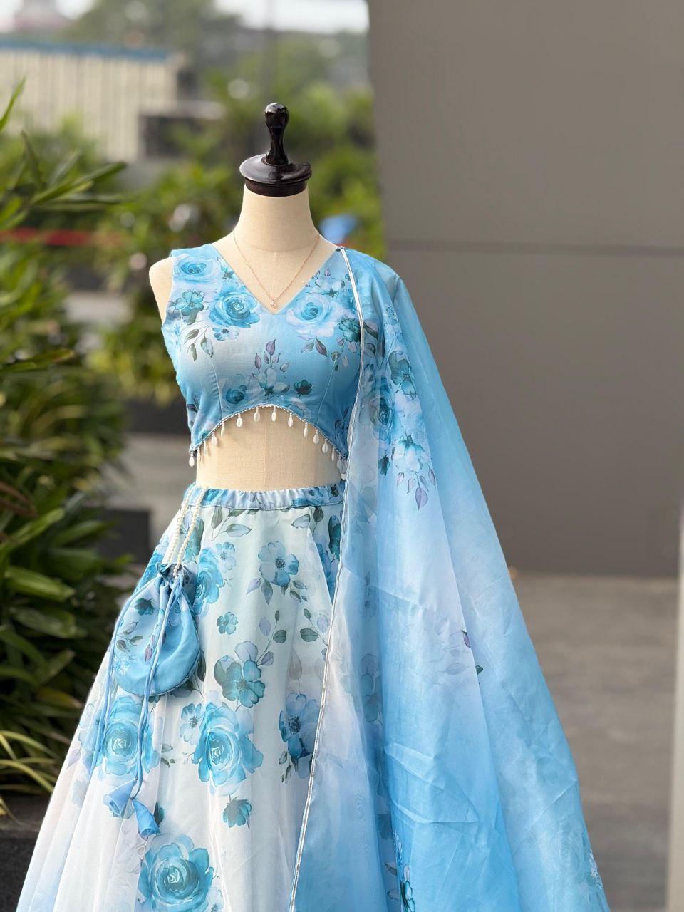 Party Wear Lehenga Choli – Sky Blue Pure Organza | Anarkalion