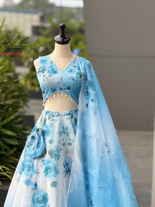 Party Wear Lehenga Choli – Sky Blue Pure Organza | Anarkalion