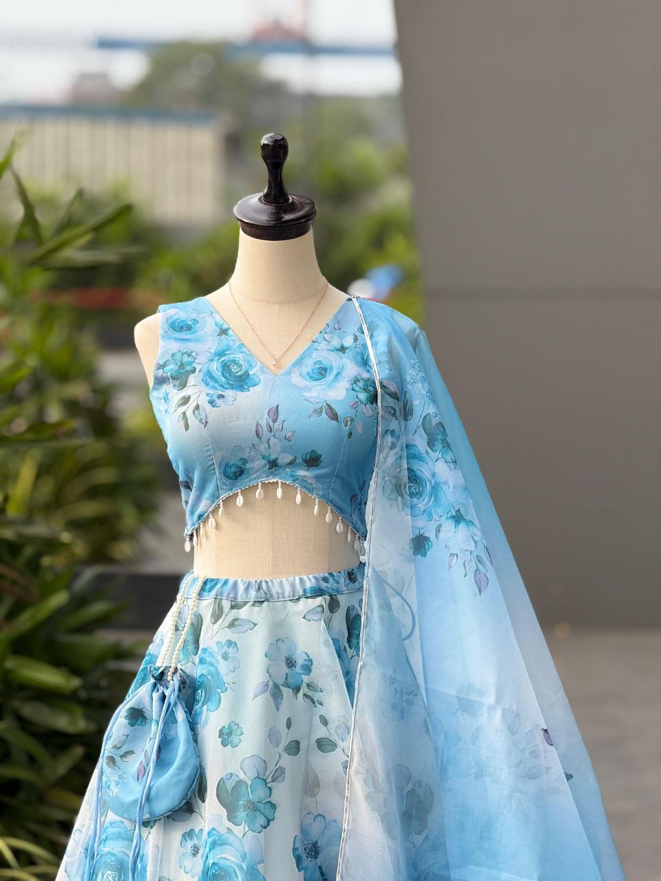 Party Wear Lehenga Choli – Sky Blue Pure Organza | Anarkalion