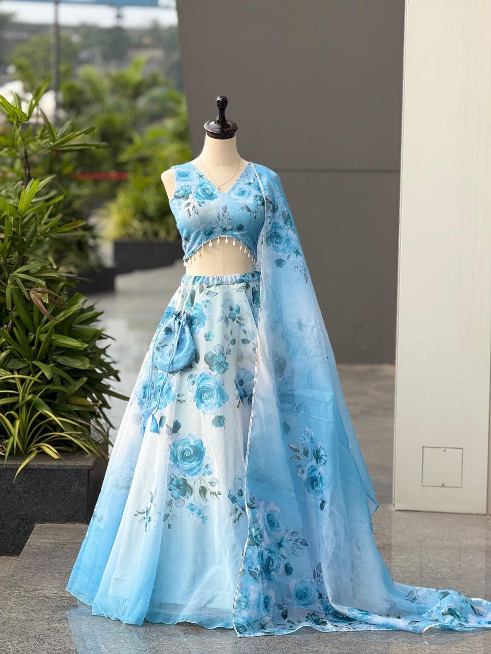 Party Wear Lehenga Choli – Sky Blue Pure Organza | Anarkalion