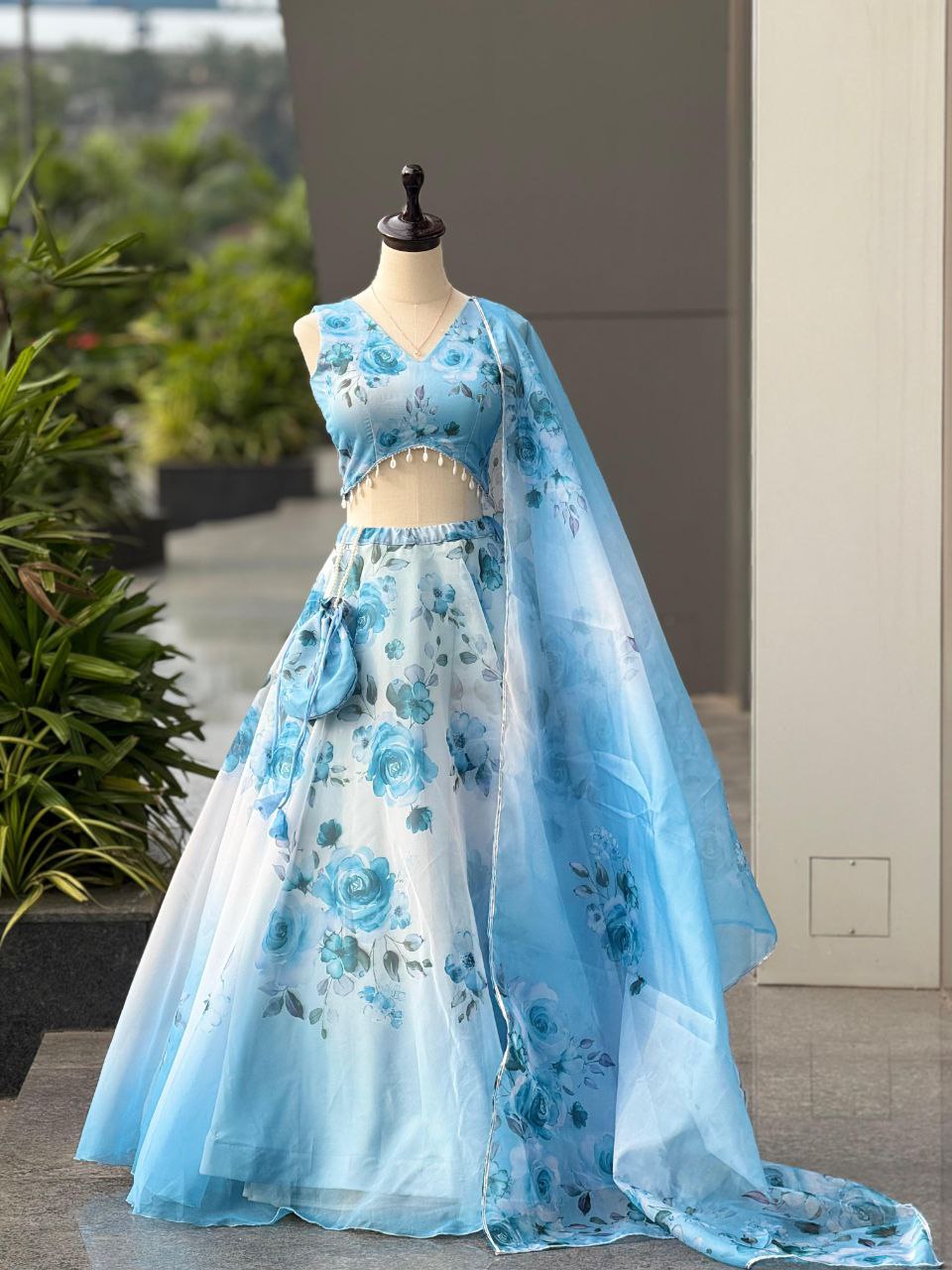 Party Wear Lehenga Choli – Sky Blue Pure Organza | Anarkalion