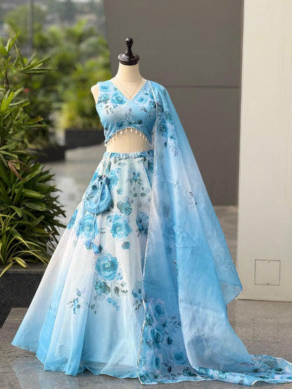 Party Wear Lehenga Choli – Sky Blue Pure Organza | Anarkalion