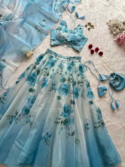 Party Wear Lehenga Choli – Sky Blue Pure Organza | Anarkalion