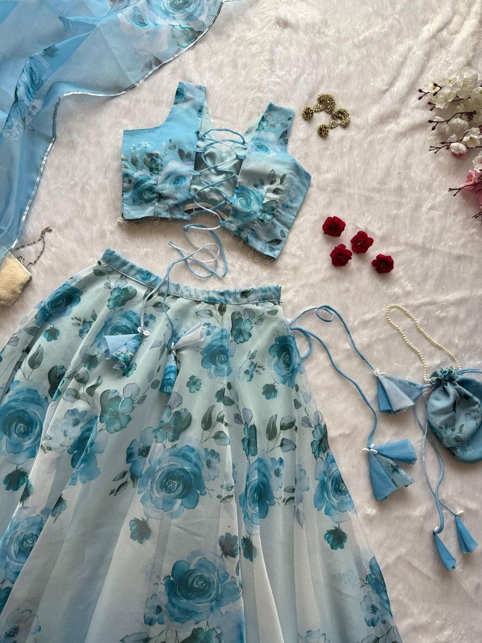 Party Wear Lehenga Choli – Sky Blue Pure Organza | Anarkalion