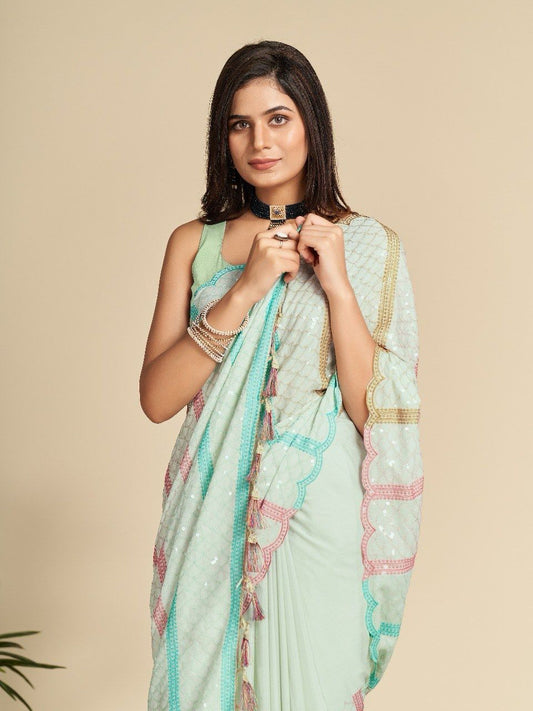 Beautiful Glamorous Sky blue Color Chinnon Saree