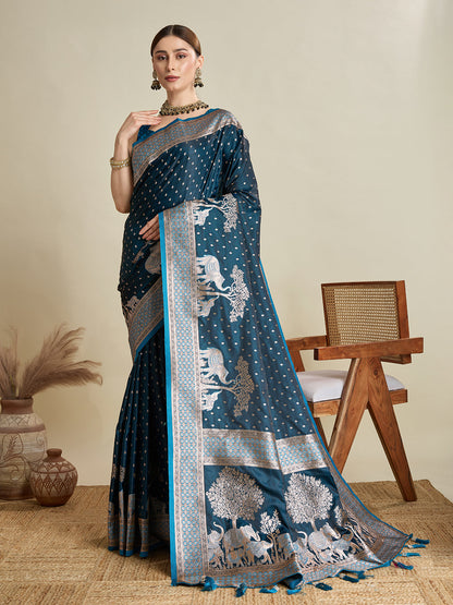 Teal Color Soft Silk Zari Weaving Saree for Wedding And Party