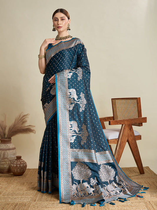Teal Color Soft Silk Zari Weaving Saree for Wedding And Party