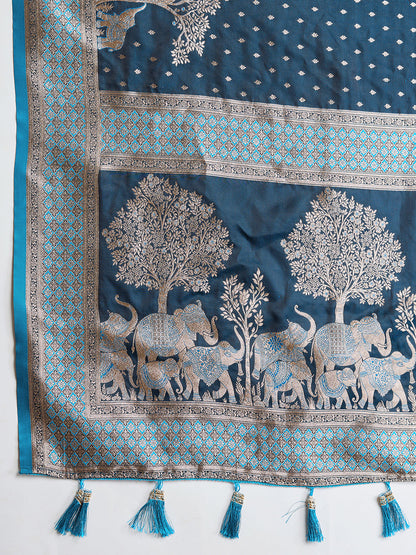 Teal Color Soft Silk Zari Weaving Saree for Wedding And Party
