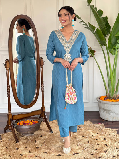 Sky blue Color Viscoz Rayon Casual Kurti Pant Set
