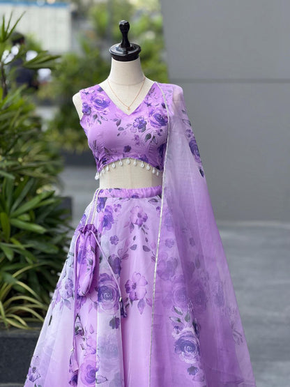 Party Wear Lehenga Choli – Violet Pure Organza | Anarkalion
